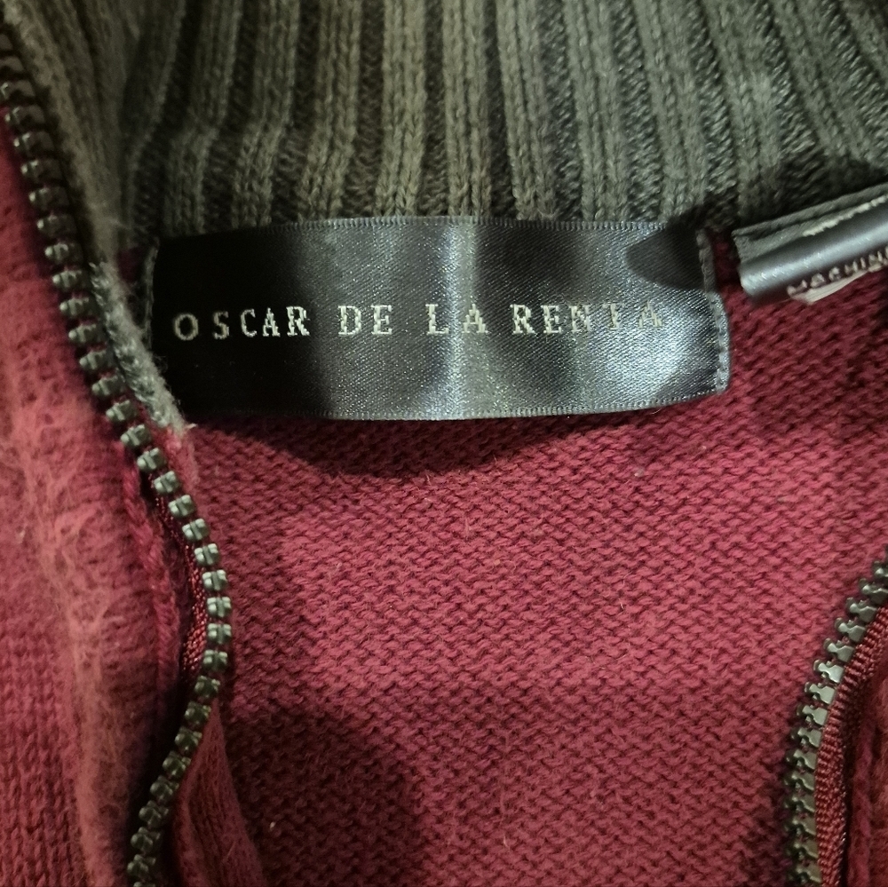 Oscar de la Renta 1/4 Zip Pullover Sweater XL Burgundy Striped 100% Cotton - Picture 3 of 6